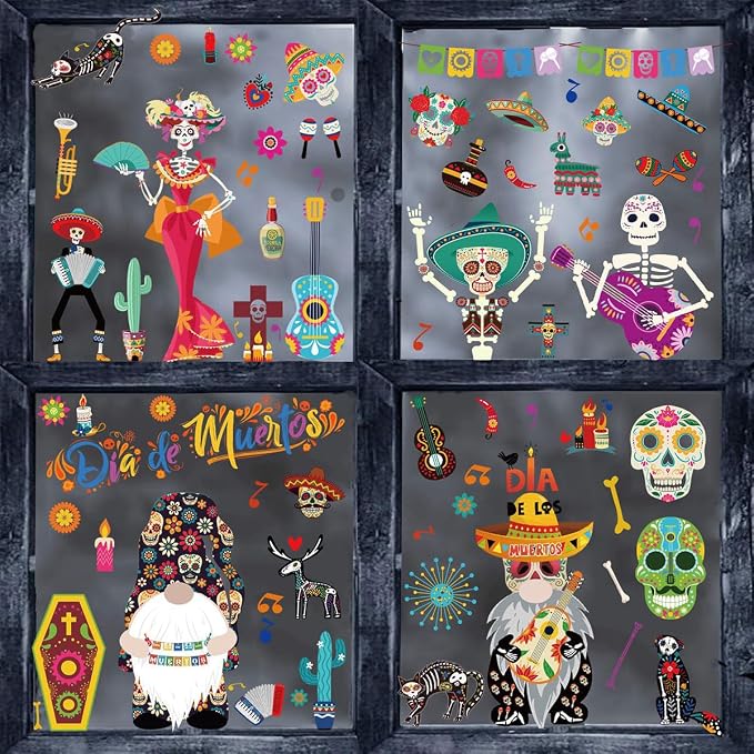 Halloween Window Clings for Kids Mexican Dia de Los Muertos Party Supplies Skull Skeleton Halloween Window Stickers Decals Guitar Decor Window Stickers for Home Walls Design Decals 9PCS - skull sticker