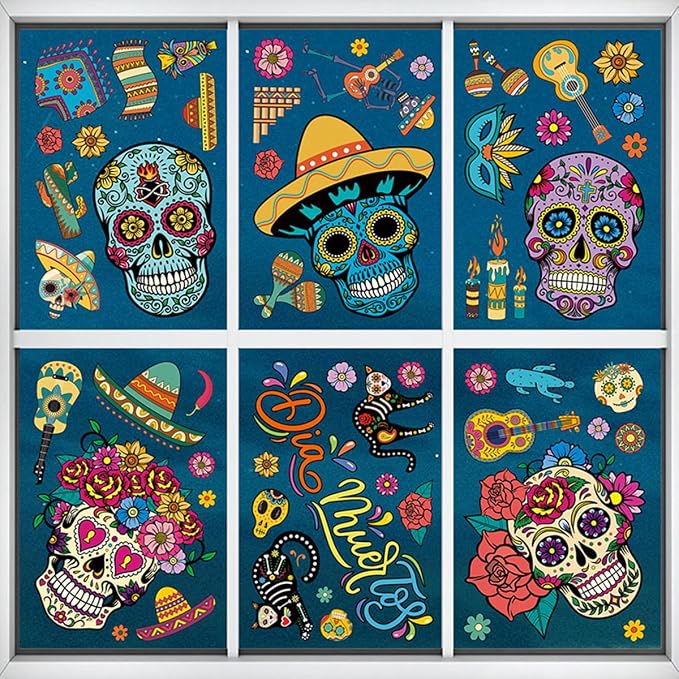 9PCS Mexican Dia de Los Muertos Window Stickers Halloween Window Decorations with Sugar Skull Skeleton Gnome Flowers Design Decals Day of The Dead Party Supplies Large for Glass Windows - skull sticker