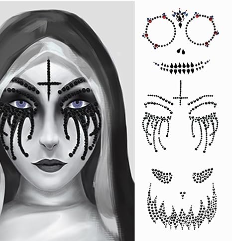 Halloween Face Gems Jewels Tattoos - Day of the Dead Black Tear Temporary Skull Tattoo Stickers Rhinestone for Men Women Kids - Halloween Festival Rave Party Makeup 3-Pack - skull sticker