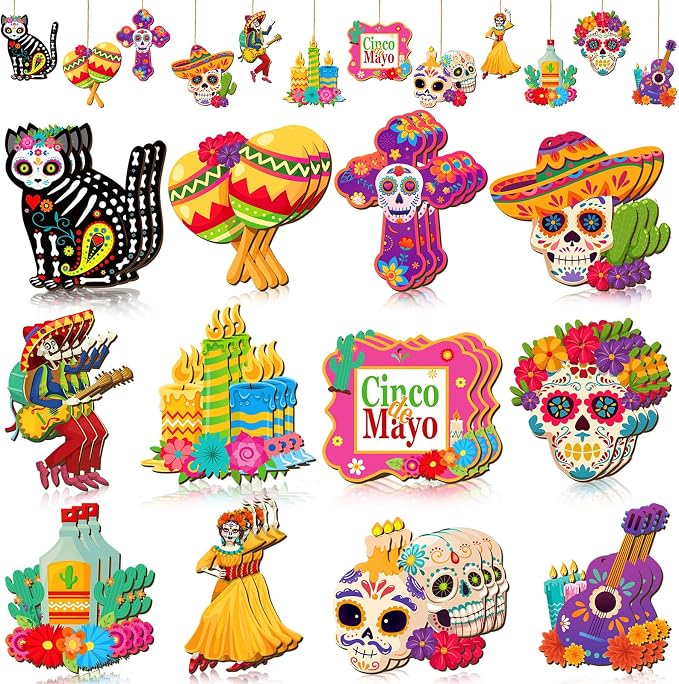 Soaoo 36 Pcs Day of The Dead Ornaments for Tree Dia De Los Muertos Decorations Mexican Theme Cat Skeleton Wood Sign Halloween Ornament Skulls for Crafts Hanging Decor Fiesta Festival Party Gift - sugar skull ornament