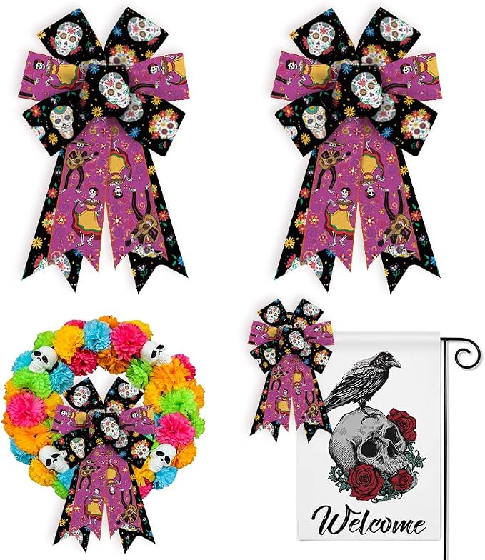 Threetols 2 PCS Day of The Dead Bows for Wreath, Purple Black Sugar Skull Flower Wreath Bows Dia De Los Meurtos Bows for Front Door, Halloween Tree Bows for Mexican Ofrenda Party Indoor Outdoor Decor