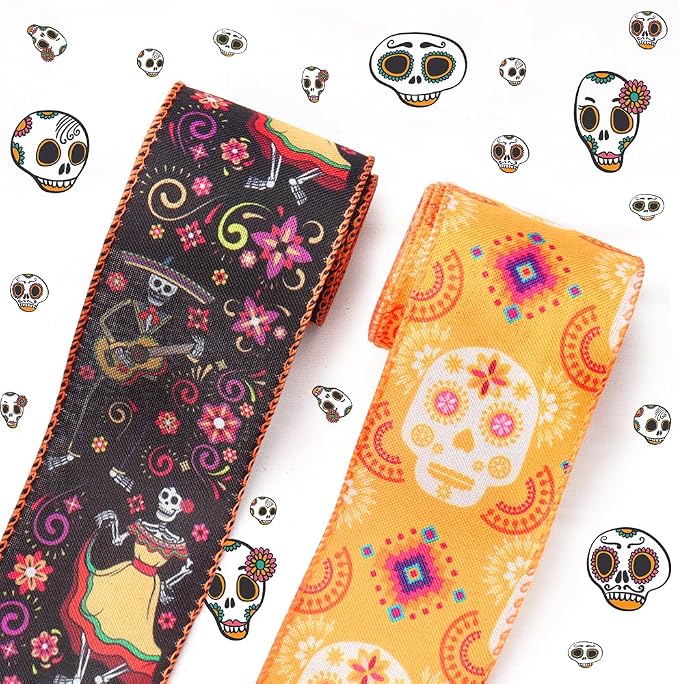Threetols 2 Rolls 10 Yards Halloween Wired Edge Ribbons, 2.5inch Black Orange Sugar Skull Flower Burlap Ribbon, Mexican Dia De Los Meurtos Ribbon for Day of the Dead Party DIY Craft Wreath Decor - skull wreath