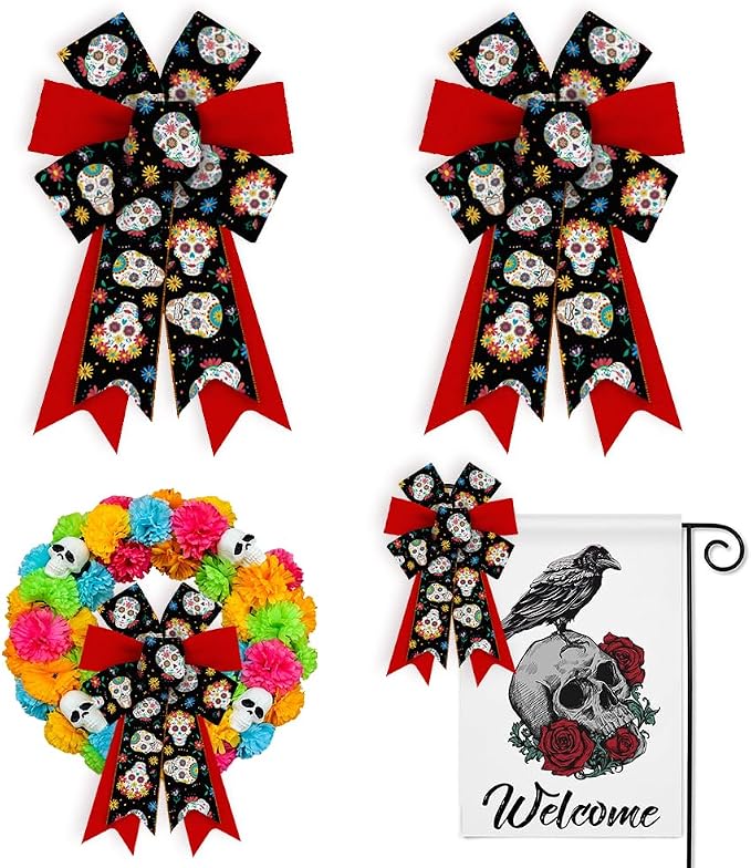 Threetols 2 PCS Halloween Bows for Wreath, Red Black Sugar Skull Flower Wreath Bows Dia De Los Meurtos Bows for Front Door, Day of The Dead Tree Bows for Mexican Ofrenda Party Indoor Outdoor Decor - skull wreath