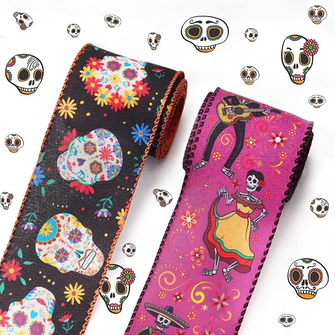 Threetols 2 Rolls 10 Yards Day of the Dead Wired Edge Ribbons, 2.5inch Black Purple Sugar Skull Flower Burlap Ribbon, Dia De Los Meurtos Ribbon for Mexican Halloween Party DIY Craft Wreath Decor - skull wreath
