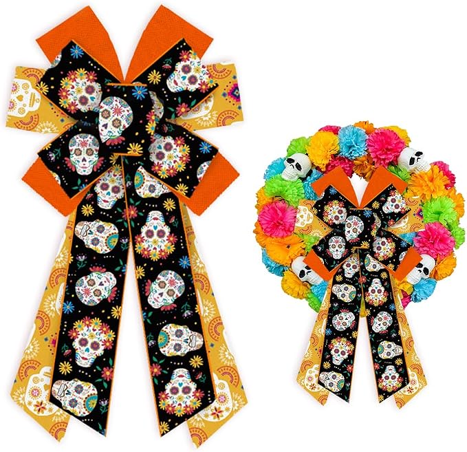 Threetols Large Halloween Bows for Wreath, Sugar Skull Flower Wreath Bows Mexican Day of The Dead Orange Black Bows for Front Door, Halloween Tree Bows for Mexican Ofrenda Party Supplies - skull wreath