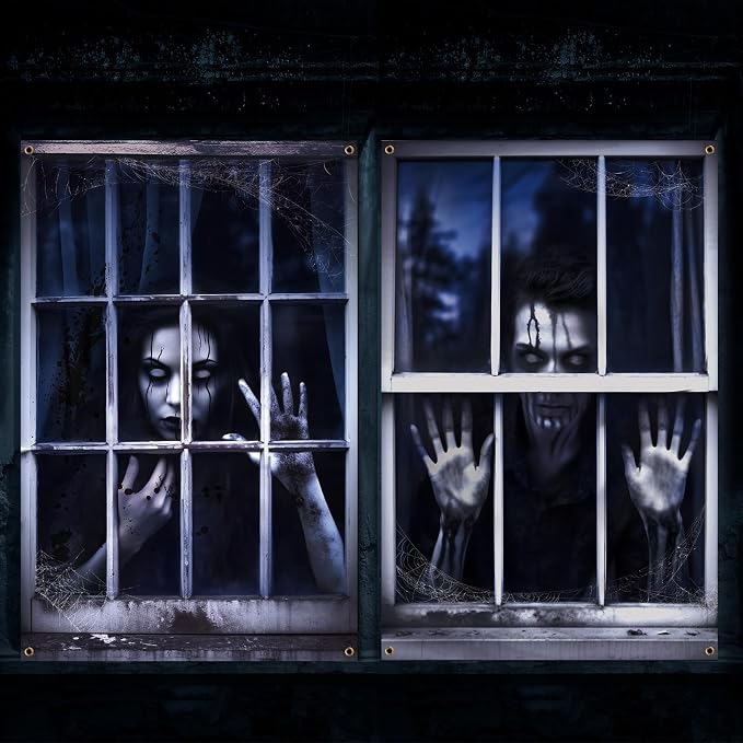 Newwiee 2 Pcs Halloween Window Cover Decor, Scary Ghost Curtain Outdoor - skull wall art