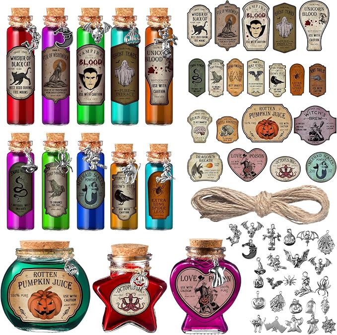 Sliner 180 Pcs Halloween Potion Bottles Set with Cork, Charms Labels - skull bottle