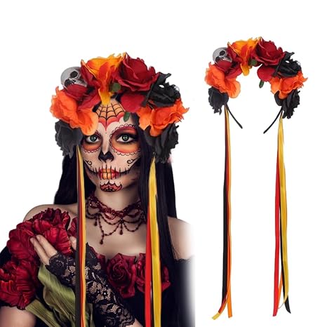 Floral Day of the Dead Headband Mexican Skull Rose Flower Crown Headpiece for Women Girls Halloween Costume (Orange Black Red) - skull headband