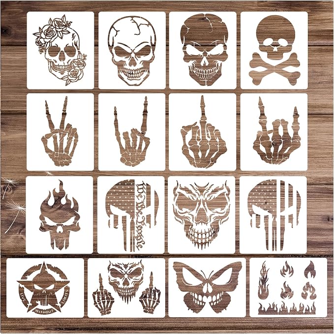 Yanroom 16pcs Skull Stencils for Painting on Wood Skeleton Stencil Reusable - skull painting