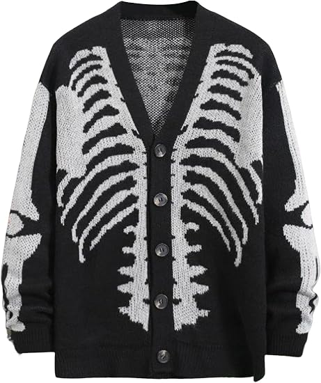 Wyeysyt Mens Skeleton Print Cardigan Sweaters Oversized Sweaters - skull jacket