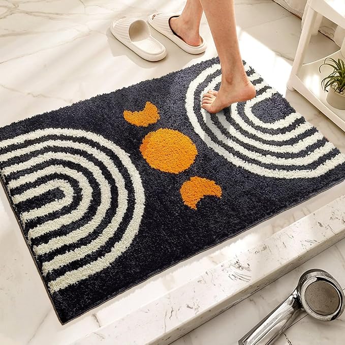 Boho Bathroom Rugs Cute Bohemian Bath Rug Non-Slip Microfiber Abstract Bath Mat for Bedroom Small Carpet Farmhouse Decor Soft Funny Black Washable Rugs for Kitchen Entryway/Washbainy/Shower 16×24 inch