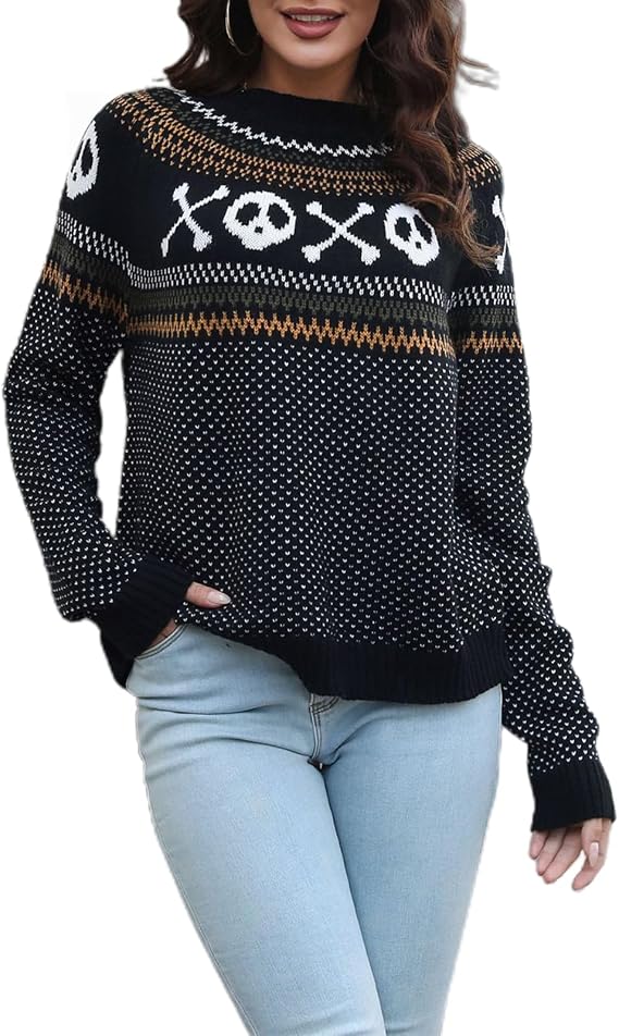 JUNBOON Women’s Casual Leopard Print Knitted Pullover Sweaters Long Sleeve Crew Neck Jumper Tops - skull sweatshirts