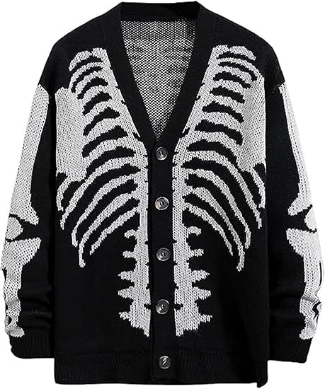 Arssm Men Skeleton Cardigan Sweater Oversized Fall Graphic Long Sleeve Knit Y2K Button Down V Neck Sweater Outwear - skull jacket