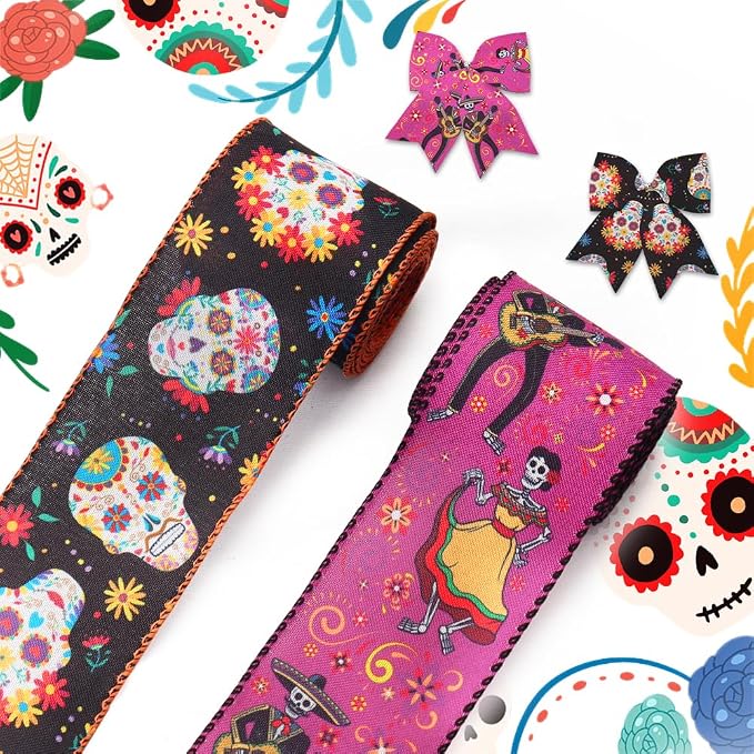 Hying Mexican Days of The Dead Ribbons - Wired Edge, Burlap, Purple & Black, Skull & Skeleton Pattern, 2 Rolls for Wreath Bows, Gift Wrapping & Dia De Los Muertos Decor - skull wreath