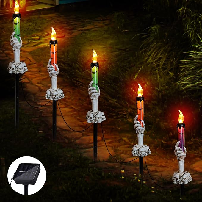YBB 5 Pack Solar Halloween Candle Light Stakes, Skeleton Hand Pathway Light