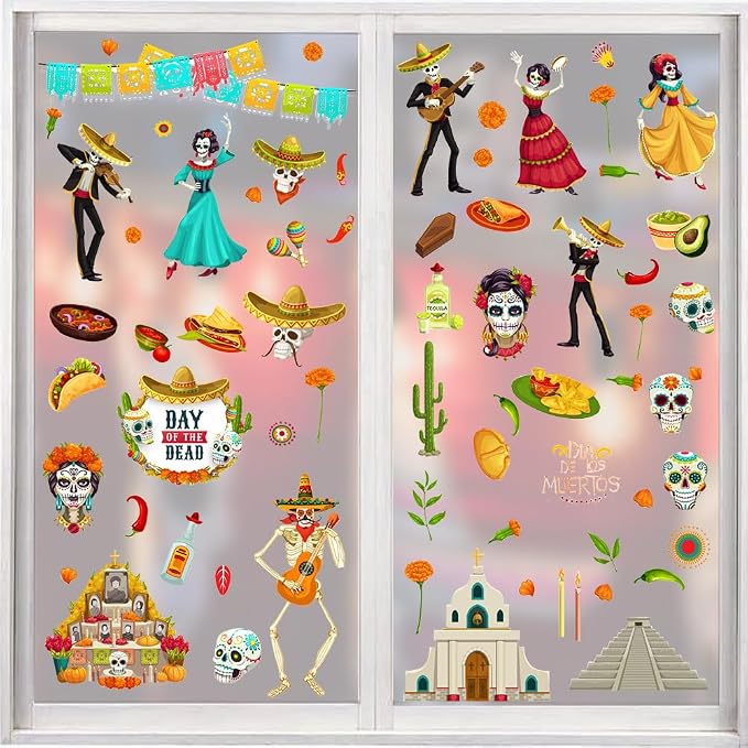 9 Sheets Halloween Window Clings, Sugar Skull Flower Double-Sided Window Stickers Reusable Static Day of The Dead Guitar Grave Window Decals for Mexican Dia De Los Muertos Decorations Party Supplies - skull sticker