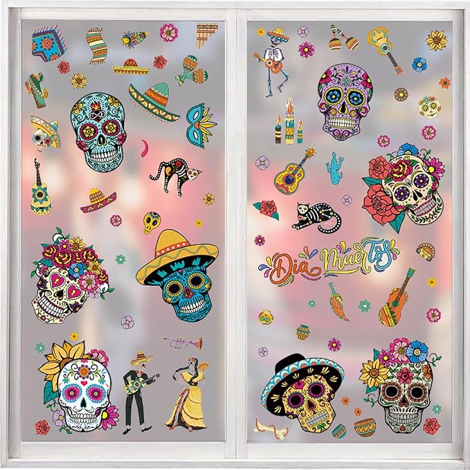 9 Sheets Halloween Day of The Dead Sugar Skull Flower Double-Sided Window Stickers Reusable Static Guitar Window Decals for Mexican Halloween Decorations Party Supplies - skull sticker