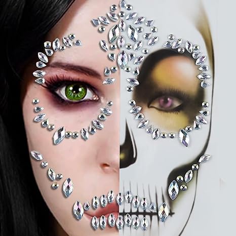 Doneace Day Of The Death Face Gems, Halloween Temporary Face Tattoos, Skull Rhinestone Face Jewels Stickers for Halloween Makeup, Cosplay & Horror Party Supplies (01.ab) - skull sticker