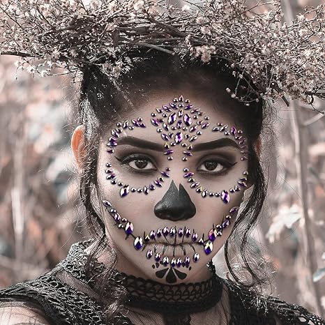 Halloween Rhinestone Suger Skull Face Tattoo Stickers Face Jewels Gems Day Of The Dead Skull Face Decals Temporary Tattoo Kit Face Rhinestones For Makeup Women Kids Festival Party Cosplay (Purple) - sugar skull makeup