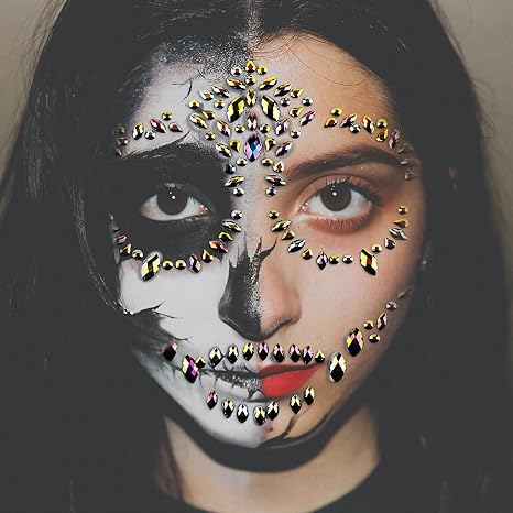 Halloween Sugar Skull Face Gems Jewels Skull Temporary Rhinestone Face Tattoo Day Of The Dead Face Decal Tattoo Stickers For Halloween Festival Rave Party Festival Accessories (Black Gold) - sugar skull makeup