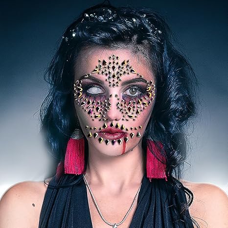 Day Of The Dead Temporary Rhinestone Face Tattoo Sugar Skull Face Gems Jewels Rhinestone Halloween Jewels Glitter Tattoo Kit Stickers Makeup For Halloween Festival Accessories Rave Party (Black Gold) - sugar skull makeup