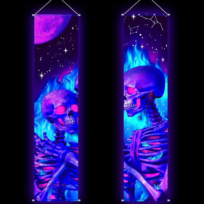 Tiamon 2 Pieces Black Light Art Wall Decor Trippy Blacklight, Skull - skull wall art