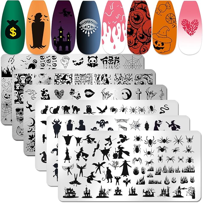 6pcs Halloween Nail Stamping Plate Halloween Stamping for Nails Witch Ghost Spider Bats Skull Jack-o’-Lantern Haunted House Image Plates Nail Stamper Kit