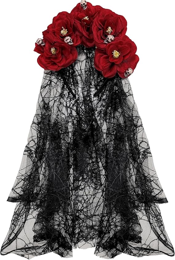 Gothic Halloween Rose Flower Headwear Day of The Dead Rose Lace Veil Headpiece Floral Skull Decor Headdress Cosplay Role-playing Costume Accessories for Adult Women Red - sugar skull costume