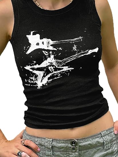 LQI Women's Tank Tops, Guitar Ribbed Summer Tops Sleeveless Y2K Crop Tops - skull tank tops