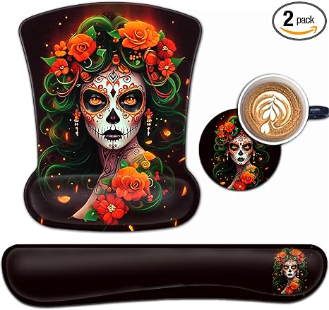 Keyboard Wrist Rest and Mouse Pad Wrist Support Set, Ergonomic Gel Mouse Pad Wrist Rest with Non-Slip Base for Home Office Desk Pad Easy Typing, Colorful Day of The Dead Women Black Gaming Mouse Mat - skull coaster
