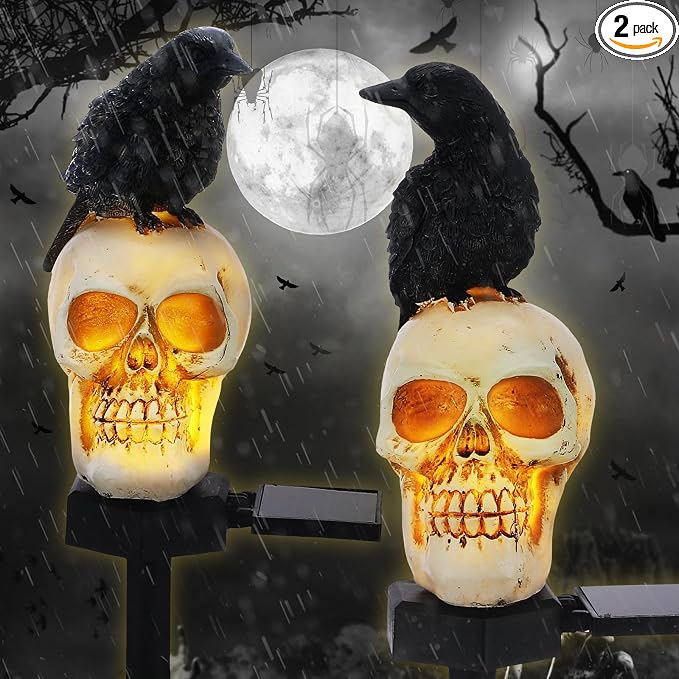 2 Pcs Halloween Solar Skull Pathway Lights Gothic Outdoor Decor - skull lamp