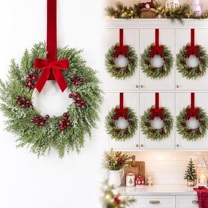 Barydat 6 Pcs 15" Mini Christmas Wreaths for Kitchen Cabinet with Long Bow - skull wreath