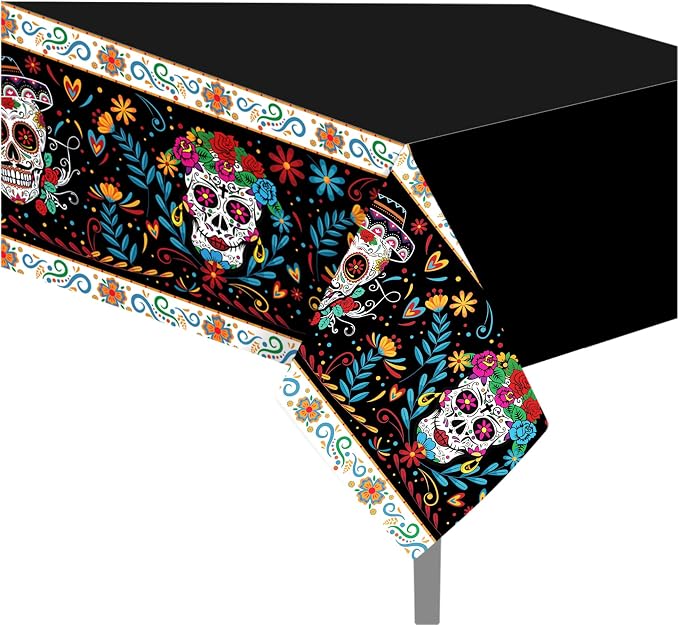1Pc Day of the Dead Party Plastic Tablecloth 54 x 87 Inch Colorful Skull Long Rectangular Table Cover for Buffet, Fiesta Flowers Party Holiday Dinner, Picnic Tablecloth for Kitchen Event Use - skull plate