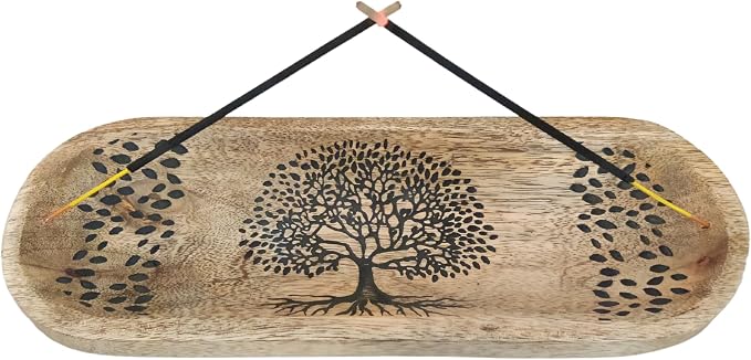 Wooden Handmade Tree of Life Design Boat Shape Incense Holder Stand Insence Tray for Home Decor Restaurant (11X4, Natural Black) - skull incense burner