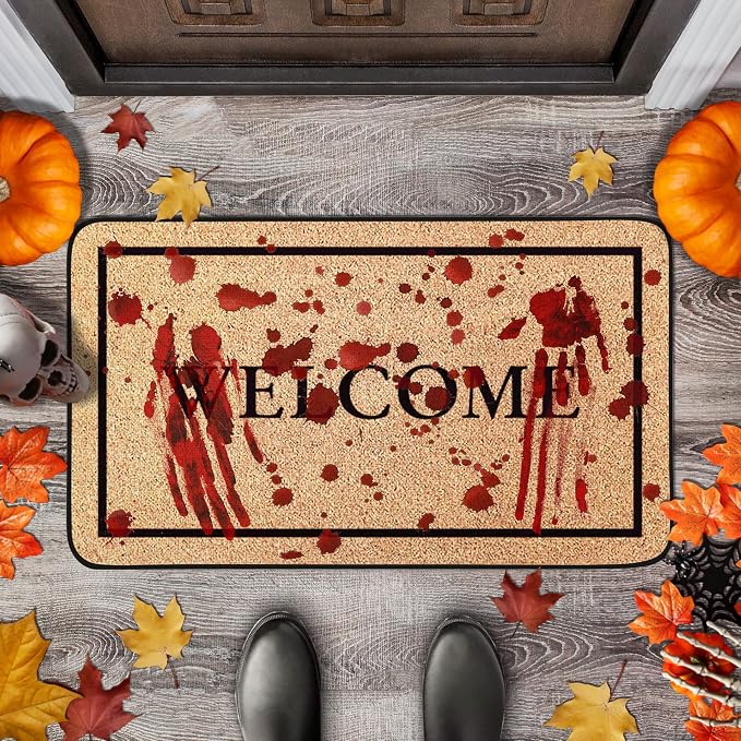 Halloween Decorations Horror Door Mat, Blood Handprint Welcome Doormat 17" x 30", Non-Slip Rubber Linen Mats Washable Carpet for Outdoor Front Door Porch Entryway Indoor Bathroom Kitchen - skull floor mat