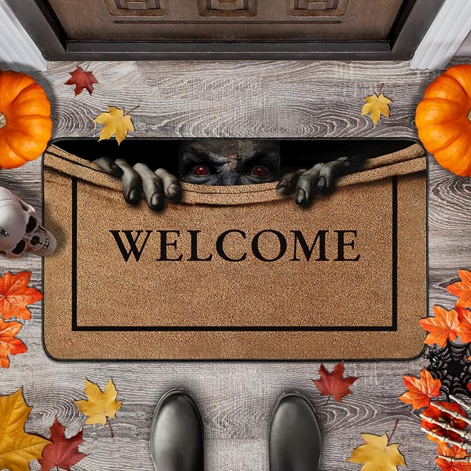 Halloween Decorations Horror Door Mat, 3D Ghost Welcome Doormat 17" x 30", Non-Slip Rubber Linen Mats Washable Carpet for Outdoor Front Door Porch Entryway Indoor Bathroom Kitchen - skull carpet