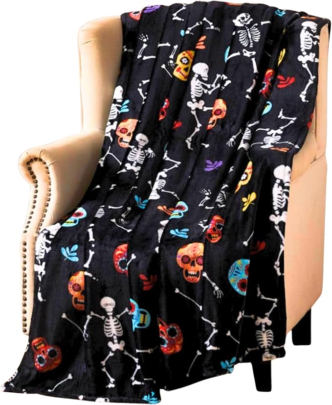 Halloween Fleece Throw Blanket, Dancing Skeletons & Sugar Skulls, 50x70 in - skull blanket