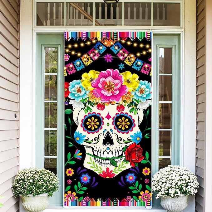 Day of The Dead Decorations Door Banner Dia De Los Muertos Decorations Sugar Skull Flowers Door Cover Mexican Fiesta Hanging Banner for Halloween Party Decoration Supplies
