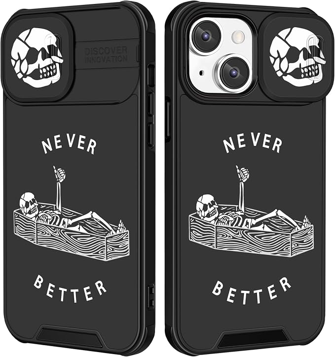 (2in1 for iPhone 15 Case Skull Skeleton Women Boys Goth Phone Cover Cute Fun Gothic Black Spooky Cool Unique Design with Slide Camera Cover Protective Stand Holder for iPhone 15 Cases 6.1'' - Skull phone case