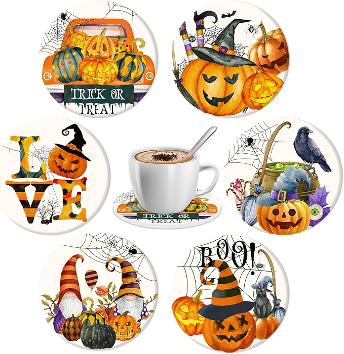 Whaline 6Pcs Halloween Coasters Watercolor Ceramic Coasters Pumpkin Gnome Pattern Drink Coaster Cup Mat for Table Room Decor Party Supplies, 4.1 x 0.3 Inch - skull coaster
