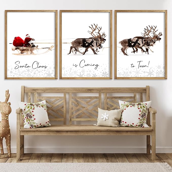 LITIVY Framed Set of 3 Christmas Wall Art Christmas Santa Claus with Sleigh Deer for Christmas Wall Decor Prints Xmas Sign for Home Decor Christmas Decorations(12"x16", Brown) - skull painting