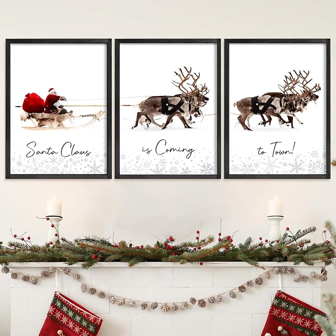 LITIVY Christmas Wall Art Prints - Set of 3 Santa Claus with Sleigh Deer for Home Decor - Xmas Sign - 12x16in - Black - skull wall art