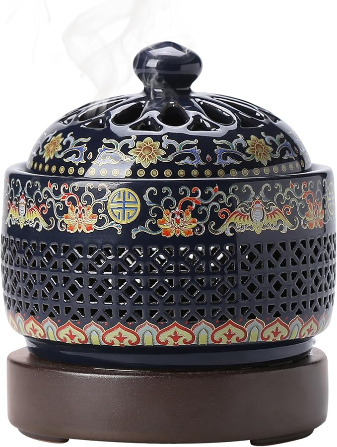 Ceramic Holder Electric Incense Burner Enamel Built-in LED Lights Simulate Flames, Classical, Elegant and High-end Hollow Design - skull incense burner