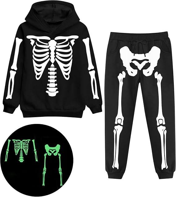 TUONROAD kids skeleton costumes Halloween Glow in The Dark Sets 5-12 Years - skull sweatshirts