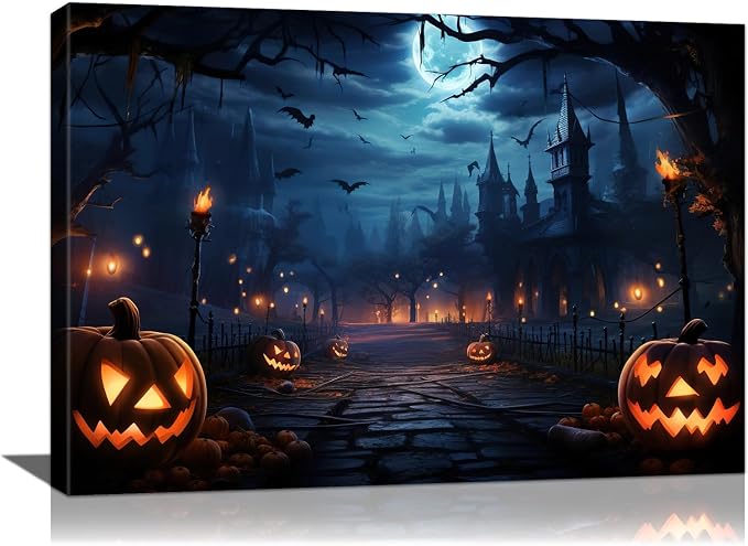 vandlife Halloween Canvas Wall Art Ghost Castle Pumpkin Poster 24x16in - skull wall art