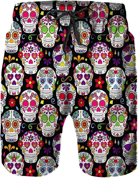 Mens Quick Dry Swim Trunks with Mesh Lining, Summer Surf Long Beach Pants Board Shorts Bathing Suits - skull swimsuit
