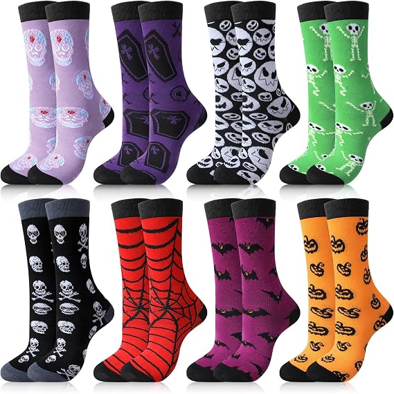 Jiuguva 8 Pairs Novelty Halloween Crew Socks for Men Women - sugar skull costume