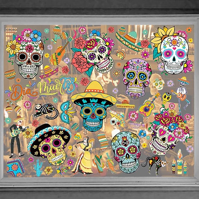 9PCS Day of The Dead Window Clings Decals for Glass Windows Removable, Double-Side Sugar Skull Dia de Los Muertos Window Sticker for Mexican Supplies Party Decoration Accessories - skull sticker