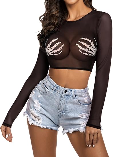 Avidlove Mesh Top Women Sexy Crop Sheer Shirt See Through Clubwear XS-4XL - skull tshirt
