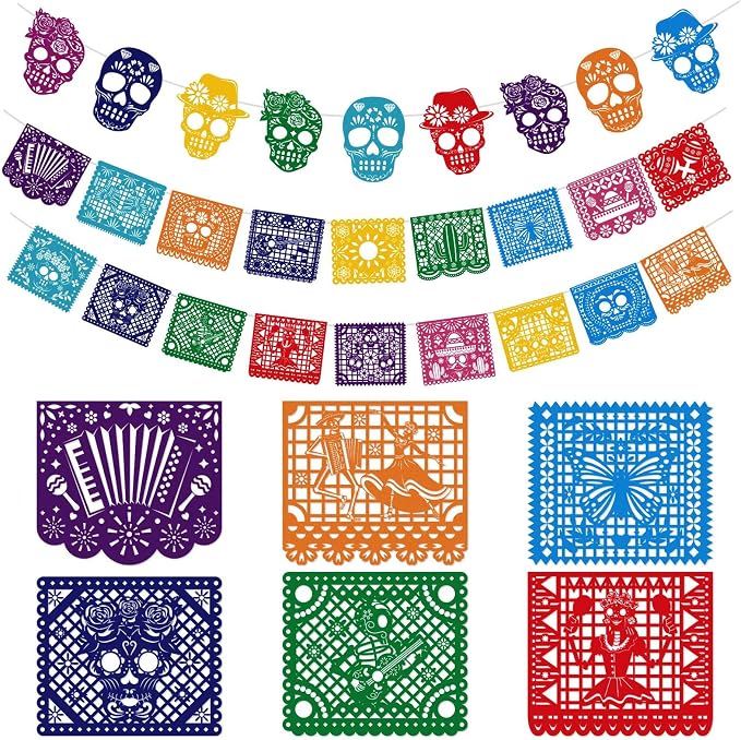 HOWAF 27pcs Day of The Dead Papel Picado Banner, Felt Dia De Los Muertos Sugar Skull Hanging Garland for Mexican Themed Party Decoration Supplies, Colorful Cinco De Mayo Flag Banner - skull carpet